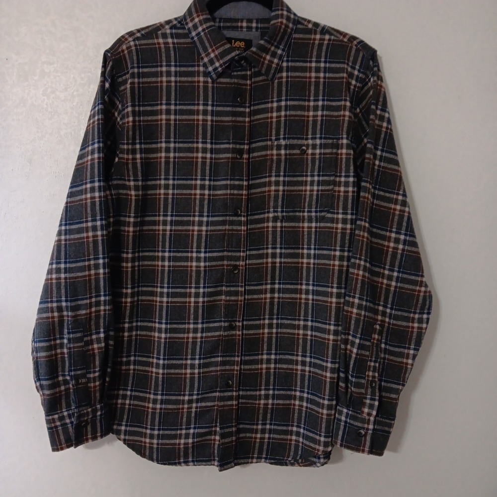 Lee Men's Regular Fit Flannel Shirt Sz M Gray Plaid Cotton Blend